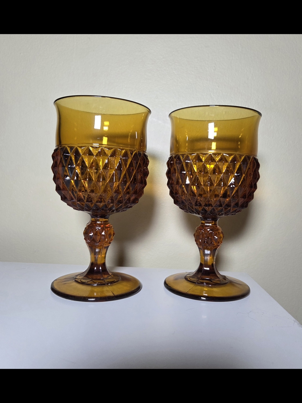 Indiana Glass Amber Diamond Pattern Goblets - Pair